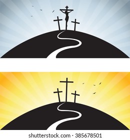 Road to Calvary. Vector illustration of Jesus Christ's crucifixion and Resurrection. 