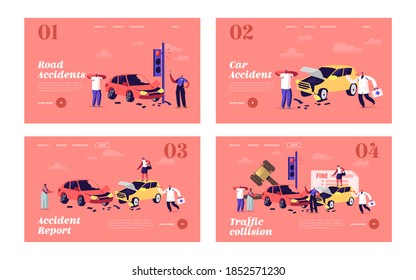 Road Car Accident Landing Page Template Set. Driver Characters Stand on Roadside with Broken Automobiles with Police Officer Writing Fine and Doctor, City Traffic. Cartoon People Vector Illustration