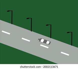 the road the car is driving on, the field