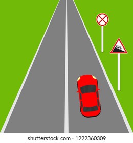 Road with car and traffic signs. Vector illustration.