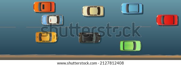 Road with car traffic. View from above. Modern\
cars. Cartoon cute style illustration. Cars drive along the asphalt\
road. Vector.