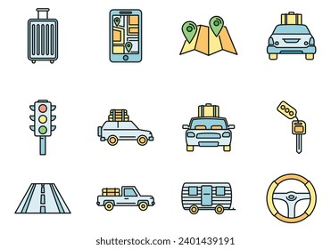 Iconos de viaje en coche de carretera. Conjunto de esquemas de viaje de vehículos de carretera iconos vectores color de línea delgada plano sobre blanco