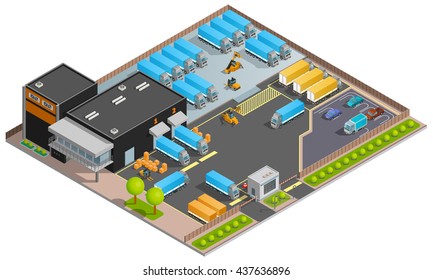 Road cargo transportation isometric design concept with warehouse parking for trucks and refrigerators checkpoint with barrier flat vector illustration 