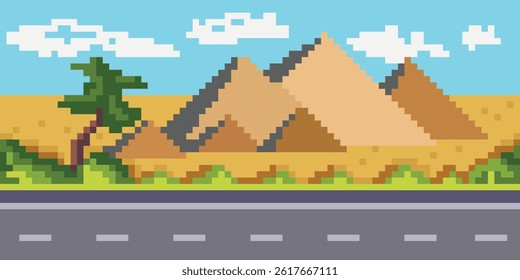 Road for cars, bushes, desert with pyramids and sky with clouds. Background. Horizontal seamless pattern. Pixel art texture. Vector.