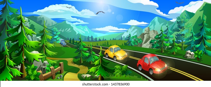 Road with cars in the forest. Yellow and red cars ride among green trees and mountains. Vector illustration