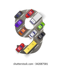 Road with cars in the form of number 9. Vector illustration
