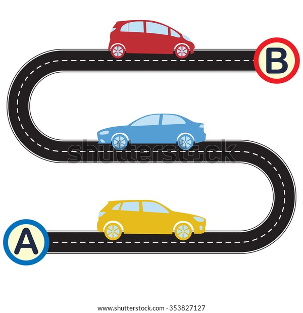 Road\
with cars going from point A to point B . Vector illustration of\
winding road and colorful vehicles icons in flat design.\
Transportation and traffic infographics\
template.