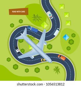 Road with cars. Moving cars on road, top view. Highway traffic, urban transport, landscape. Flight airplane in city. Path, travel, car journey, traffic map of city asphalt street. Vector illustration.