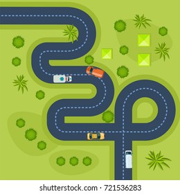 Road with cars. Moving cars on road, top view. Concept of highway traffic, urban transport, landscape. Path and travel, car journey, traffic map of city asphalt street. Vector illustration.