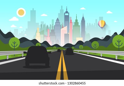 Road with Cars Silhouettes and City on Backgroud - Vector