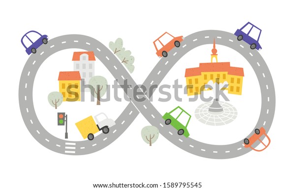 Road\
with cars. Simple city map. Children\
illustration.