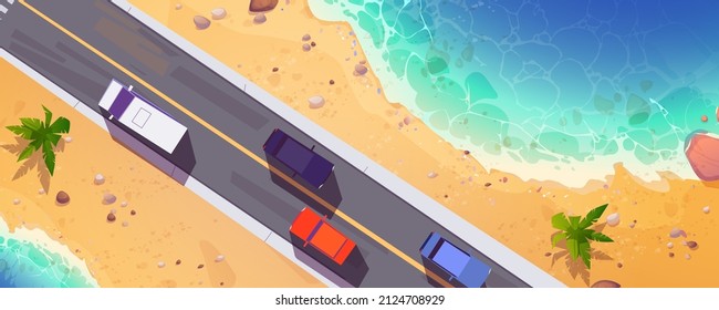 Road with cars top view, straight two lane highway along sea beach with sand and palm trees. Cartoon overhead background with vehicles riding at asphalt pathway, route direction Vector illustration