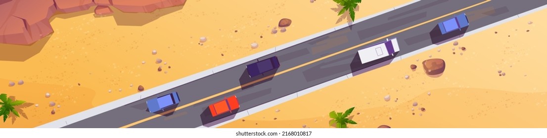 Road With Cars Top View, Straight Two Lane Highway Along Sandy Land With Rocks And Palm Trees. Cartoon Overhead Panoramic Background With Vehicles Riding At Asphalt Pathway, Vector Illustration