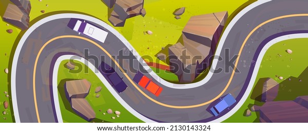 Road with cars top view, winding highway at\
land surface with rock and grass. Cartoon overhead background with\
modern infrastructure in mountains, two-lane curve asphalt pathway,\
Vector illustration