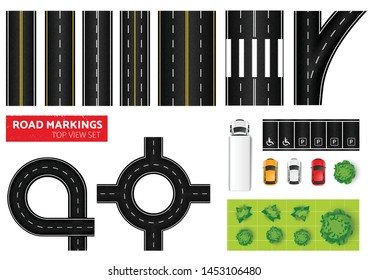 Road cars trees top view set with isolated images of junction sections overpass cars and trees vector illustration