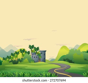 Road to castle in the open field 