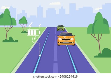 Road with charging battery symbol vector illustration. Electrified road charging electric vehicles while they driving. Modern technology, electric road system concept