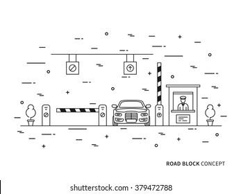 Road checkpoint station (pay-gate, tourniquet) linear vector illustration. Road barrier stop gate creative graphic concept. Road traffic security entrance graphic design.
