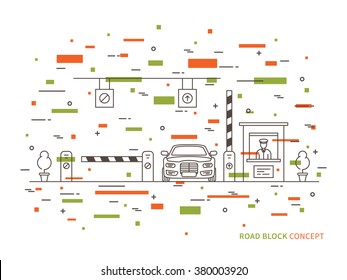 Road checkpoint station (pay-gate, tourniquet) linear vector illustration. Road barrier stop gate creative graphic concept. Road traffic security entrance graphic design.