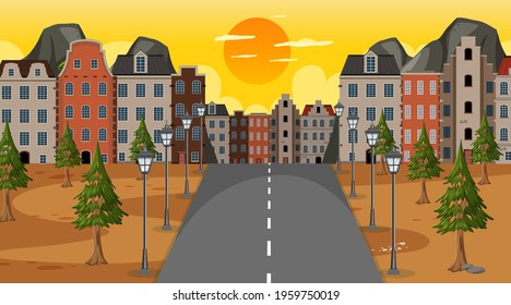Road city background at sunset