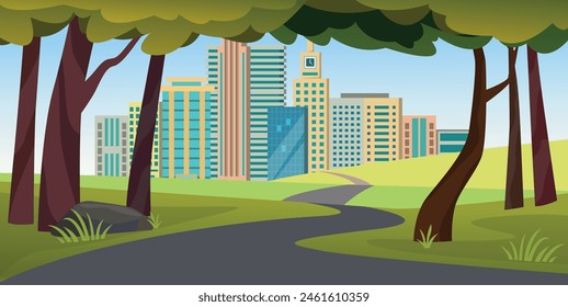 Road to city. building in background view from jungle vector illustration.