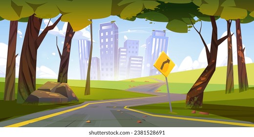 Camino a la ciudad construyendo el fondo del juego vectorial de dibujos animados. Vista del paisaje de la calle Cityscape con vistas al cielo y al rascacielos. Autopista de la ciudad moderna a través de la ilustración de diseño de la naturaleza de verano