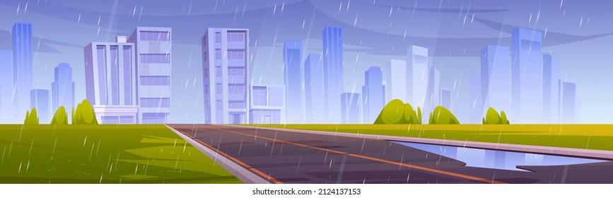 Straße, Stadt mit Gebäuden und Wolkenkratzern und grüner Rasen im Regen. Vektorgrafik-Illustration der Sommerlandschaft mit leerer Autobahn und moderner Stadt am Horizont bei Regenwetter