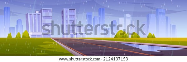 Road, city with\
buildings and skyscrapers and green lawn in rain. Vector cartoon\
illustration of summer landscape with empty highway and modern town\
on horizon at rainy\
weather