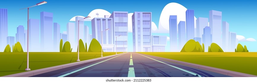 Road to city with buildings and skyscrapers on skyline. Vector cartoon illustration of summer landscape with empty highway, street lights, green grass, trees and modern town on horizon