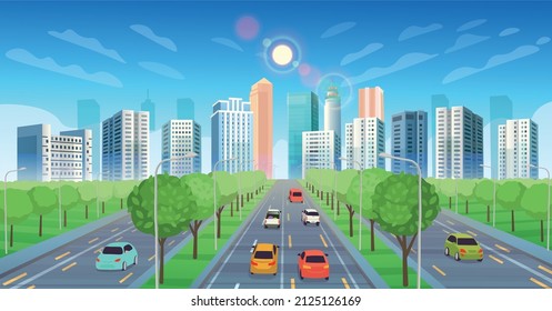 Road to the city with cars.  View of Cityscape Background  with trees.Town panorama. Cartoon vector illustration.