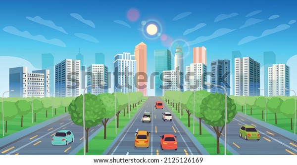 Road to
the city with cars.  View of Cityscape Background  with trees.Town
panorama. Cartoon vector
illustration.