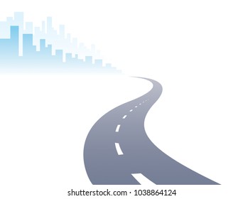 Road to city curved highway vector perfect design illustration. Big skyscrapers way to the capital, tourism and travel theme. Can be used as a road banner or billboard with copy space for text.