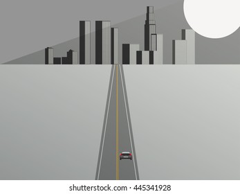 The road to the city in the distance. Black and white vector illustration.