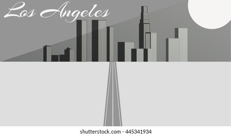 The road to the city in the distance. Black and white vector illustration.
