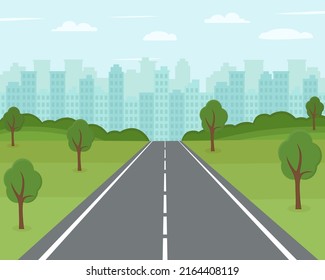 Road to city. Empty road with cityscape on horizon. Vector illustration