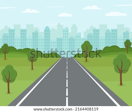 Road to city. Empty road with cityscape on horizon. Vector illustration