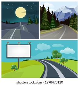 Road to city. Highway and different types of urban road over hills vector weather landscape