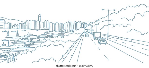 The road to the city. Highway landscape. Along the coast of the river. High-rises on the horizon. Hand drawn sketch vector line contour.