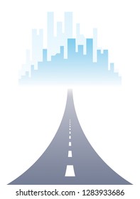 Road to city highway vector perfect design illustration. Big skyscrapers way to the capital, tourism and travel theme. Can be used as a road banner or billboard with copy space for text.