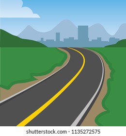 road to the city, hills city skyline 