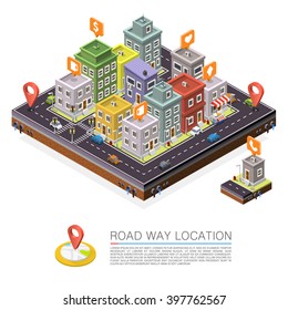 Road in the city Isometric, cityscape apartment location illustration, Road way location apartment, Vector background