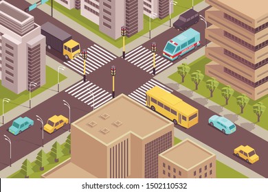 Road city isometric scenery with birds eye view of signalized intersection with cars and modern buildings vector illustration