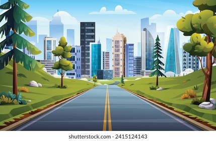 Road to city landscape illustration. Nature highway through meadow and trees to city cartoon vector background
