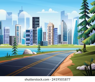 Ilustración del paisaje urbano. Carretera natural con vistas al río y al paisaje urbano. Fondo de la caricatura vectorial