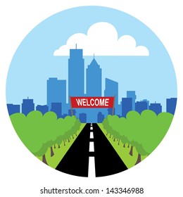 road to city landscape with welcome sign