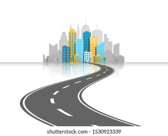 Road to city light concept with curved bent road and modern cityscape with reflection on white background. Vector illustration