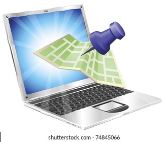 A road or city map flying out of a laptop computer. Concept or icon for map app or internet website with maps or other GPS related.