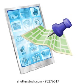 A road or city map flying out of a mobile phone. Concept or icon for map app or internet website with maps or other GPS related.