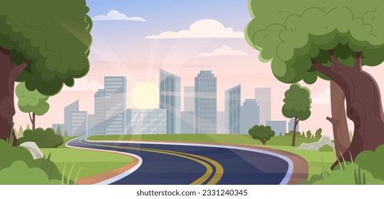 Road to city near forest concept. Turning on highway near trees overlooking urban landscape, cityscape. Houses and skyscrapers. Beautiful natural panorama. Cartoon flat vector illustration