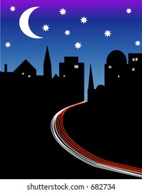 The road to the city at night